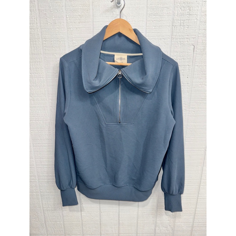 Umgee Quarter Zip Pullover Women Blue Ribbed Knit Oversized Collar Medium